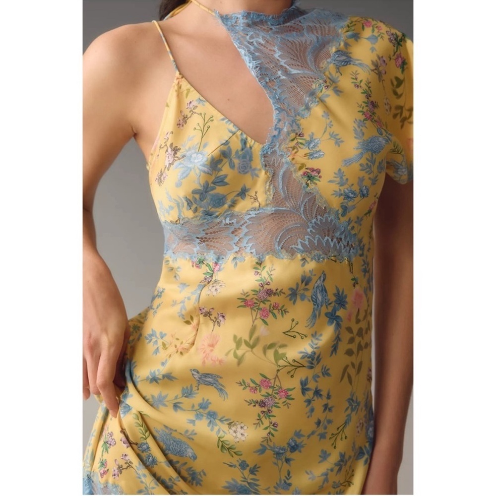 ANTHROPOLOGIE Geisha Designs Asymmetrical Lace Slip Maxi Dress Yellow Floral NWT - Picture 2 of 9
